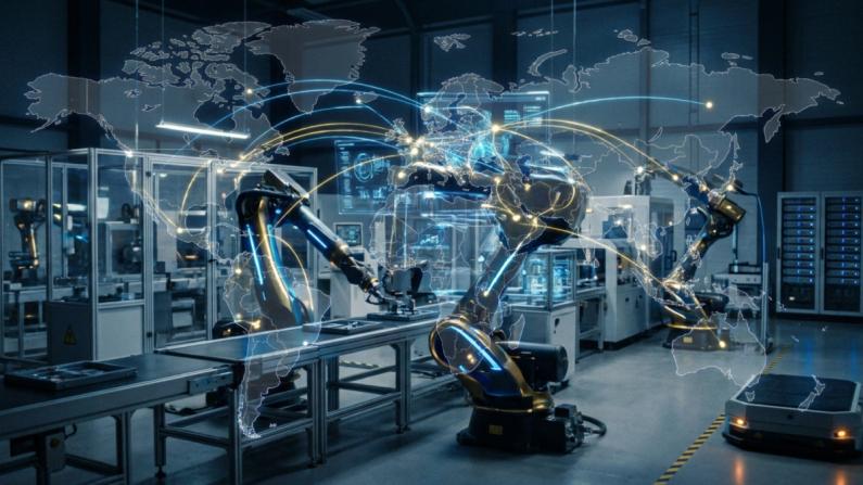 Illustration d'une usine intelligente connectée symbolisant le lien entre documentation technique et croissance globale.