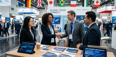 Professionnels échangeant sur un stand de salon international avec des supports de communication multilingues traduits.